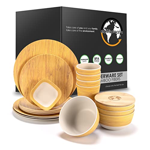 Wiederverwendbares Bambus-Geschirr-Set für 4 Gäste [17-teilig] – Bambusfaser-Geschirr-Set für Erwachsene und Kinder – Holzteller, Tassen, Schüsseln, quadratische Untertasse
