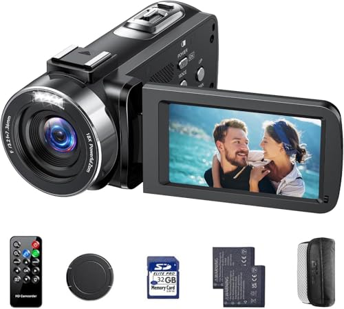 Videokamera 4K Camcorder , 42 MP Videorecorder für Vlogging YouTube 18X Digitalzoom 4K Webcam Camera mit 3-Zoll-Bildschirm um 270° drehbar Kompaktkamera für Reisen mit 2 Akkus, 32 GB-Karte, Fernbe