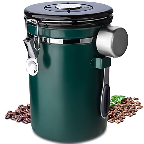 Frasheng Kaffeedose, Luftdicht, Behälter aus Edelstahl,Vakuum Kaffee Dose,mit Löffel,mit Datumsverfolgung für Kaffeebohnen Kaffeepulver Kaffeebehälter,1.8L,Grün