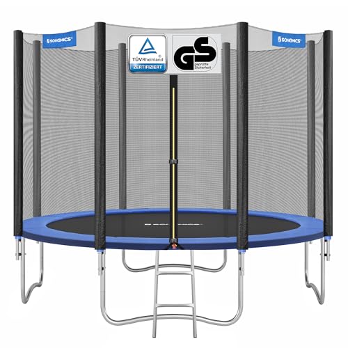 SONGMICS Trampolin Ø 305 cm, Gartentrampolin für Kinder mit Sicherheitsnetz, Randabdeckung, Leiter, 180 cm hohe gerade Stangen, Stahlrahmen, TÜV Rheinland GS-Zertifikat, blau STR10FT
