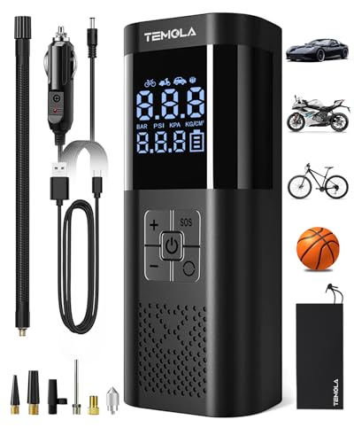 TEMOLA TN10 Elektrische luftpumpe, Tragbare akku Kompressor mit Manometer 150PSI, Luftpumpe elektrisch DC12V,Fahrradpumpe elektrisch mit Autostop für Auto, Fahrräder, Motorräder, & Bälle