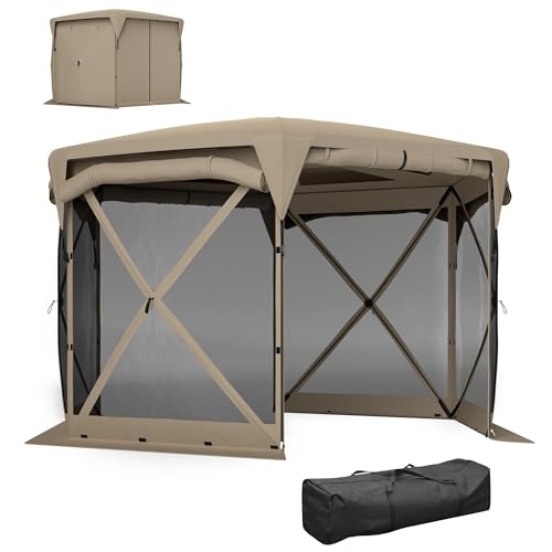 Outsunny Pavillon sechseckig ca. 3,5x3m Pop-up Gartenzelt mit abnehmbaren Dach 5 Seitenteilen UV 30+ Faltbar Gartenpavillon Faltpavillon Wasserdicht Partyzelt für Garten Camping Festival, Khaki