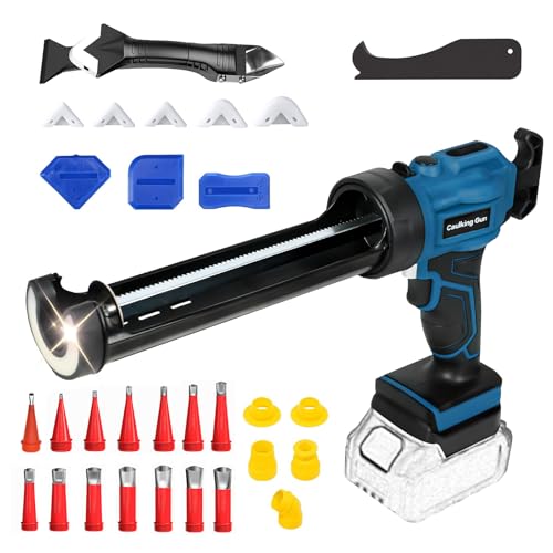 Akku Kartuschenpresse Kompatibel für Makita Akku Silikonpistole 18V mit LED Licht 4 Geschwindigkeiten einstellbar, Kartuschenpistole für Abdichten, Spachteln (Blau + Gummidüse Werkzeug Kit)