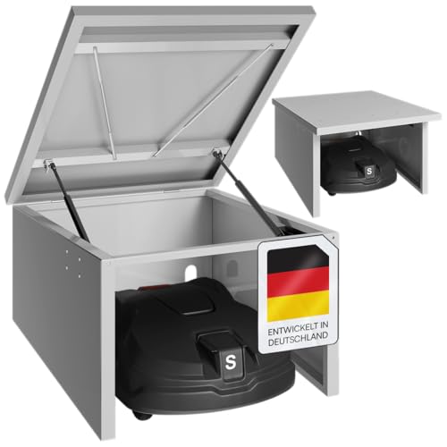 STEELSØN Drakon Mähroboter Garage - Garage für Mähroboter aus Stahl - Mähroboterhaus mit Pultdach für Garten witterungsbeständig & UV-Schutz - Rasenroboter Garage in Silber 90x76x53.5/42.5 cm