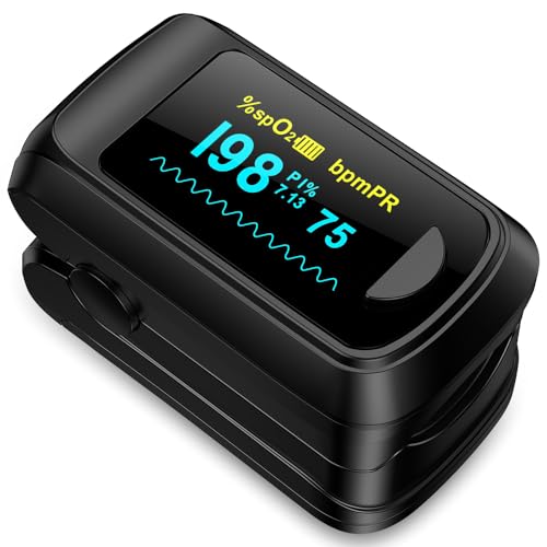 HealthTree Blutsauerstoffmonitor Finger für Erwachsene Tragbarer Sauerstoffmonitor, und schnelles Spo2-Sauerstoffmessgerät mit OLED-Bildschirm,Umhängeband,Batterien