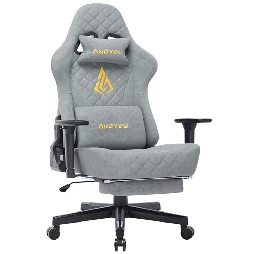 Andyou Gaming Stuhl Racing Gamer Sessel, Ergonomischer Gaming Chair Bürostuhl mit Verstellbare Lendenkissen, Fußstütze, Kopfkissen und 3D Armlehnen, Vintage-PU-Leder 90-150°, Grau