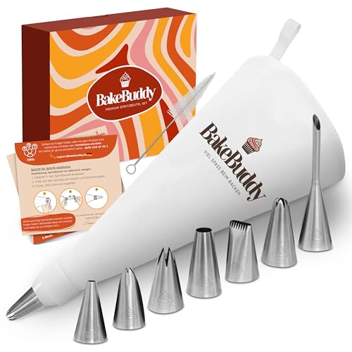 BakeBuddy Premium Spritzbeutel Set (11-teilig) - 35cm Baumwolle Spritztüte mit Tüllen aus Edelstahl zum Dekorieren von Torten, wiederverwendbar und spülmaschinenfest, inkl. Adapter & Geschenkbox