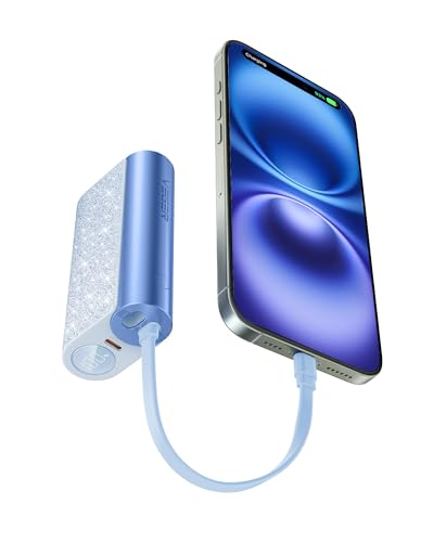VEGER Power Bank 20W PD Klein Aber Stark,10000mAh Powerbank mit integriertes bi-direktional Apple auf USB C Kabel, 1X USB-C, Externe Handyakku mit LED kompatibel mit iPhone, Samsung,Handys usw（Blau）