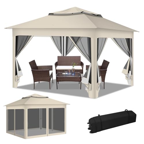 Hebitod Pavillon 3,3x3,3m, Pavillon mit Doppeldach, Wasserdicht Stabil Gartenpavillon, Höhenverstellbares Doppeldach-Gartenzelt, Doppeldach Partyzelt Gartenzelt, Faltpavillon,Beige