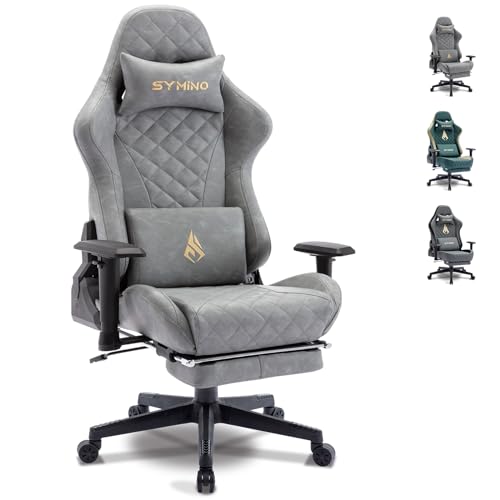 symino Gaming Stuhl Ergonomischer Bürostuhl Racing Stil Schreibtisch Stuhl mit 3D Armlehne, Vintage Style PU Leder PC Stuhl mit Fußstützen（Grau）