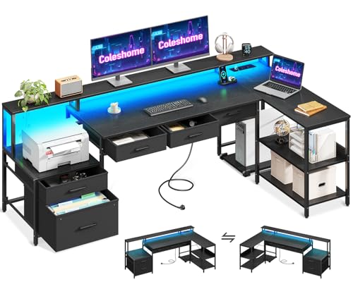 Coleshome Schreibtisch L Form mit Schubladen, 195x100cm Gaming Tisch mit Steckdose, LED & Monitorständer, Reversibler Eckschreibtisch mit Stauraum, Computertisch mit Regal für Büro, Schwarz