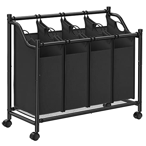 SONGMICS Wäschekorb, Wäschesammler, Wäschesortierer mit 4 abnehmbaren Stofftaschen, Rollen, Aufbewahrung für Spielzeug, 4 x 35 Liter, schwarz LSF005