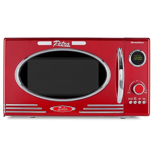 Salco Mikrowelle 2 in 1 – Retro-Style mit Grillfunktion - 23 l Garraum, metallic-rot, 900 W - 12 Funktionen inkl. Auftauen, Grillen & Wärmen, Express-Funktion - inkl. Drehteller & Grillaufsatz
