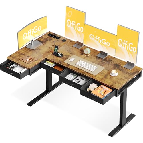 OffiGo Eckschreibtisch Höhenverstellbar, 160cm Höhenverstellbarer Schreibtisch, Elektrischer Schreibtisch mit 4 Schublade， L-förmiger Tisch mit Steckdose für Zuhause, Büro, Rustikales Braun