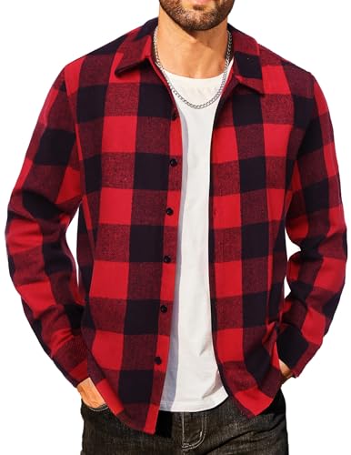 COOFANDY Flanellhemden Herren Langarm Kariert Arbeits Holzfällerhemd Warm Winter Karo Thermohemd Rot & Schwarz L