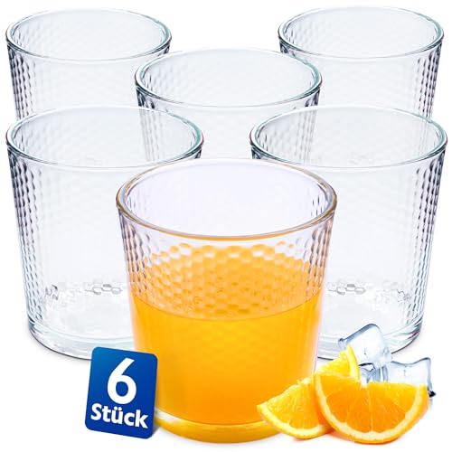 KONZEPT Trinkgläser Set 365ml, Wassergläser Set 6-teilig, Strukturierte Gläser Ideal für Wasser, Saft, Milch, Dicke Wände, Stapelbar