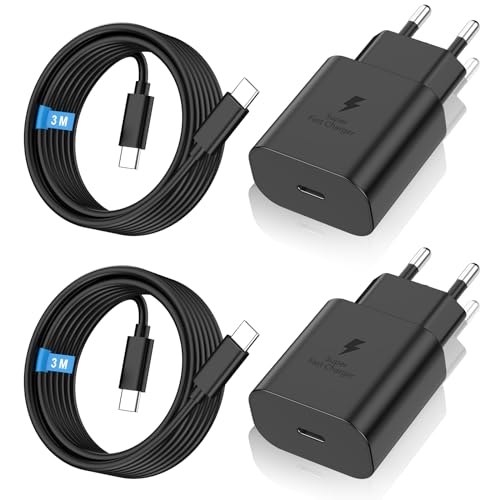 2er-Pack 25W USB C Ladegerät, Schnellladegerät PD 3.0 Ladestecker mit Schnellladekabel 3m Netzteil für Galaxy S24/S24+/S24 Ultra/S23/S22/S21, iPhone 16/16 Plus/16 Pro Max/15/15 Plus/15 Pro/15 Pro Max