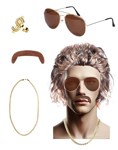 80er Kostüm Herren Outfit Herren Perücken Kostüm Set, 70er Jahre Outfit Herren - Perücke Herren, Pilotenbrille, Schnurrbart, Goldkette & Ring, Kostüme für Mottoparty Fasching Karneval Halloween