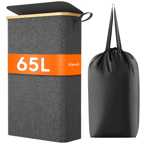 Lifewit 65L Wäschekorb Schmal mit Deckel, Faltbarer Wäschesammler Schmal mit Wäschesack, Laundry Basket Wäscheboxen aus Bambus mit Tragegriff für Apartment, Wohnheim und Wohnwagen,Schwarz