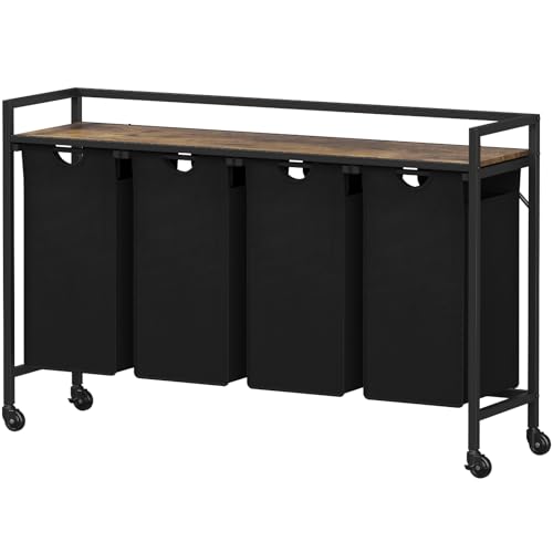 Lifewit Wäschesortierer 4 Fächer, 168L Wäschewagen mit Rollen, Wäschekorb mit Ablage, Wäsche Sortiersystem, Wäsche Organizer Schmutzwäsche, Wäschetrenner für Badezimmer, Waschküche,Wäscheregal Schwarz