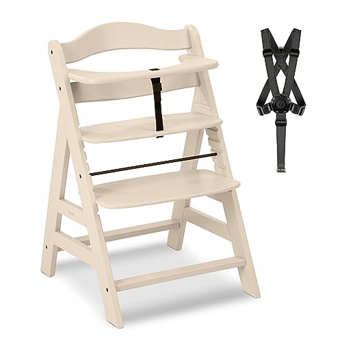 hauck Hochstuhl Alpha+ für Kinder ab 6 Monaten bis 90 kg, inkl. Schutzbügel, 5-Punkt-Gurt & Schrittgurt, mitwachsender Kinderhochstuhl aus FSC® zertifiziertem Buchenholz (Vanilla)