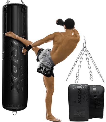 RDX 145CM Boxsack Hängend mit Handschuhen und Stahlkette Drehwirbel, 25KG Gefüllt Box Set 50KG Füllmenge, Erwachsene Maya Hide Leder Punching Bag für Boxen Kickboxen MMA Muay Thai Karate