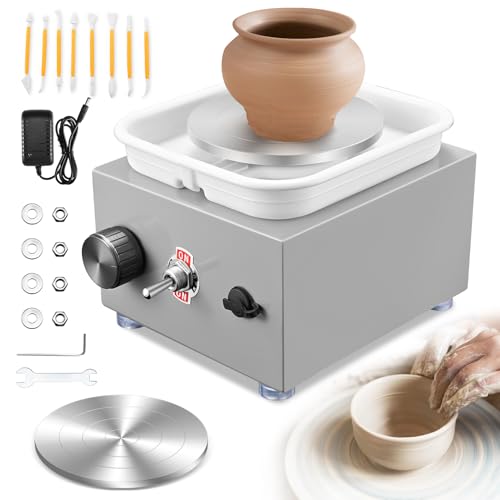 Töpferscheibe, Kooeuru Töpferscheibe Elektrisch 2000 U/min Einstellbare Geschwindigkeit, Pottery Wheel mit 10/6,5 cm Großen Platten, Formwerkzeugen, Töpferscheibe Kinder und Erwachsene (Grau)