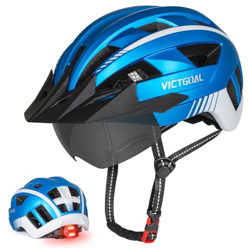VICTGOAL Fahrradhelm MTB Mountainbike Helm mit magnetischem Visier Abnehmbarer Sonnenschutzkappe und LED Rücklicht Radhelm Rennradhelm für Erwachsenen Herren Damen (L: 57-61cm, Metalblue)