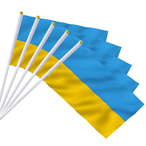 Ukraine Flagge Klein – AhfuLife 10/30/100 STK Ukraine Ukrainische Kleine Flaggen auf Stöcken mit 30cm Weißer Stange für Paraden, Patriotische Aktivitäten (14x21cm, 10 Stück)