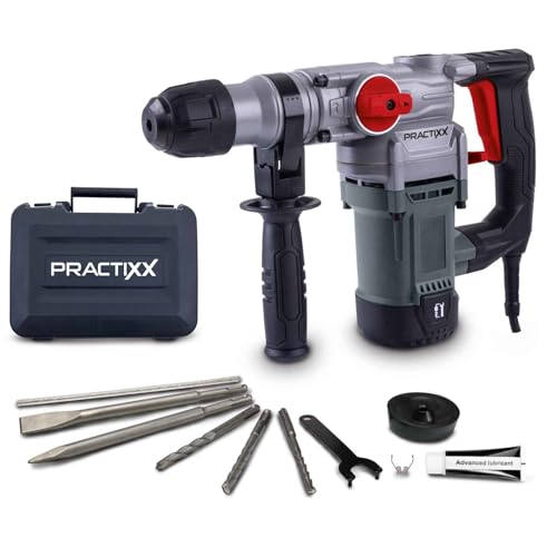 Practixx 3in1 Bohrhammer PX-BH-5 Abbruchhammer mit 5 Joule & 1050W | 28mm Bohrleistung in Beton | SDS-Plus Aufnahme | Zusatzgriff | 3m Kabel Bohrmaschine | inkl. 3 Bohrer, Koffer, Spitz- & Flachmeißel