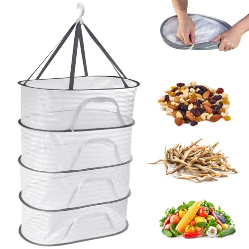 REFORUNG Trockennetz Kräuter 4 Schichten Kräutertrockner Netz Hängendes Kräutertrockennetz Kräuter Trocknungsnetz mit Reißverschluss Klappbar Aufhängen Trocken Netze Herb Drying Rack für Obst Samen