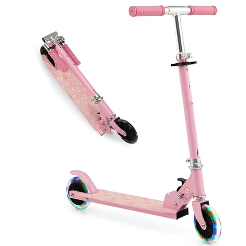 KOMFOTTEU Kinder Scooter mit LED Rädern, zusammenklappbares Roller Aluminium, Kinderroller mit 3 verstellbaren Höhen, Cityroller Tretroller bis 50kg belastbar (Rosa)