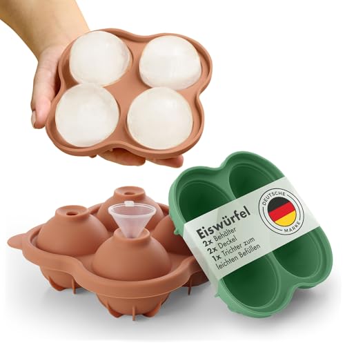 Blumtal Silikon Eiskugelform 2x4er XXL + Trichter-Deckel- Eiswürfel Rund Ø 5 cm - Runde Eiswürfelform 2x - BPA freie Silikonform Eiswürfel groß&rund Eiskugelformer 2x - Olive Green & Mineral Red