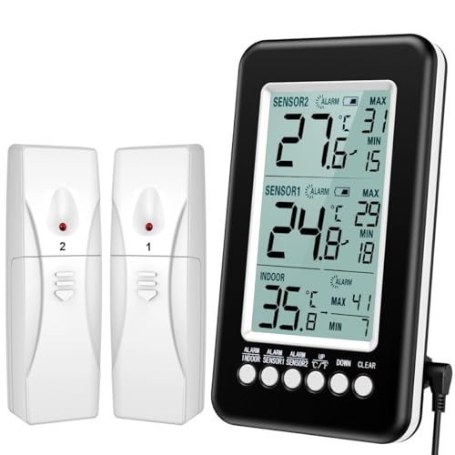 Brifit Kühlschrank Thermometer, Gefrierschrank Thermometer mit 2 Sensor, Kühlschrankthermometer mit Alarmfunktion, MIN/MAX Records, USB/Batterie betrieben, für Küche, Hause, Bars