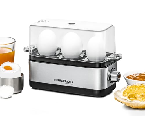 ROMMELSBACHER Eierkocher ER 300 - für 1-3 Eier, einstellbarer Härtegrad, elektronische Kochzeitüberwachung, Heizschale aus Edelstahl, Messbecher mit Eipick, Kabelaufwicklung, 300 Watt