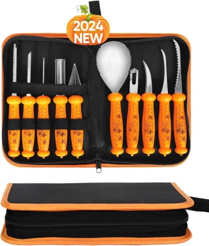 Kürbis Schnitzset, 10 Stück Halloween Kürbis Schnitzwerkzeug Carving Set, Kürbis Schnitzen, Halloween Kürbisschnitzset, Edelstahl Kürbis Schnitzwerkzeug, DIY Schnitzmesser für Kinder und Erwachsene.