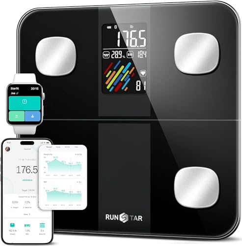 RunSTAR Körperanalysewaage, Digitale Waage mit hoher Genauigkeit und großem Display für BMI, Herzfrequenz und Analyse von 15 Körperwerte, synchronisierbar mit Fitness-App, Tragfähigkeit bis zu 180 kg