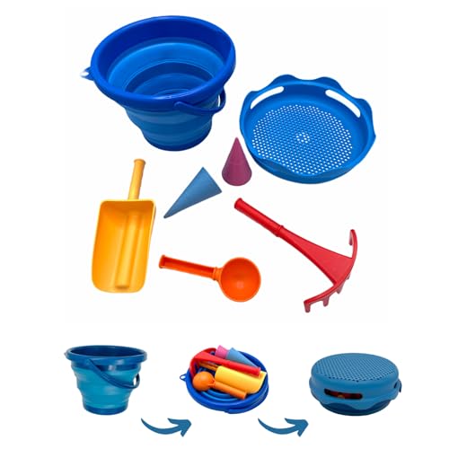 Schildkröt 7in1 Sand Toys Set, innovatives Sand-Spielset im Handtaschenformat, kompakt und platzsparend, Faltbarer 3 Liter Eimer mit 6 Sandspielzeugen zum Graben, Formen, Sieben und Rechen, 970244