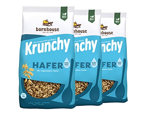 Barnhouse Krunchy Hafer alternativ gesüßt, Bio Hafer-Knuspermüsli aus Bayern, nur mit Reissirup gesüßt, 3 x 375 g