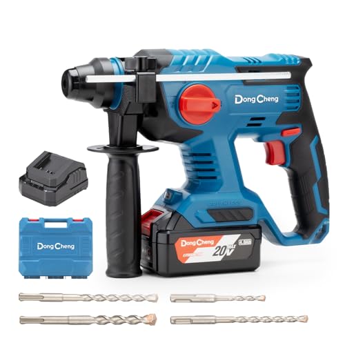 DongCheng Akku Bohrhammer 18V, Schlagenergie 2.1 J, mit 4 Stück SDS-plus, Bohren bis 28 mm, Bürstenloser Bohrhammer Motor, Anti-Vibrationsgriff, inkl. 4Ah Akkus und 2A Ladegerät im Handwerkerkoffer