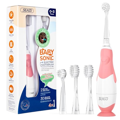 Seago Elektrische Zahnbürste Kinder Baby Zahnbürste ab 0 1 2 3 Jahr, mit LED Licht, Runder Weich Ersatzbürsten, Elektrische Zahnbürste Baby,2 Minuten Smart Timer, Wasserdicht IPX7,SG513(Rosa)