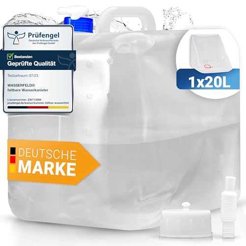 WASSERFELD ® [1x20L] Wasserkanister Faltbar inkl. auslaufsicherem Dosierhahn & Tragehenkel - Robuster Trinkwasserkanister mit Verschlussklappe - Auslaufsicherer Wasserbehälter