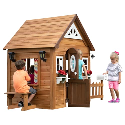 Backyard Discovery Spielhaus Aspen aus Holz | Outdoor Kinderspielhaus für den Garten inklusive Zubehör | Gartenhaus für Kinder mit Fenstern in Braun & Weiß