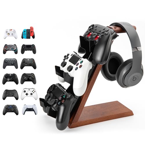 HEWYIOS 3-stöckiger Holz-Ständer, kompatibel mit PS4, PS5, One-Switch, PS5-Controller-Halterung, Headset, PC-Gaming-Zubehör, Videospiel-Controller-Halter für Schreibtisch (braunes Holz)