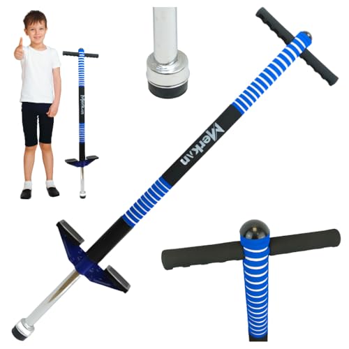 Merkan Pogo Stick, Jump Stick, Springen, Muster für Kinder, Jungen und Mädchen, Lenker aus Weichschaum, 5+, bis 70 kg (Schwarz/Blau)