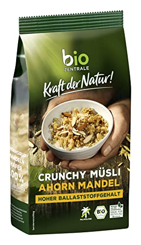 biozentrale Müsli Crunchy Ahorn-Mandel | 375 g knuspriges Bio Müsli | Ideal zum Frühstück und für den Müslibecher to go | vegan & ohne Palmöl