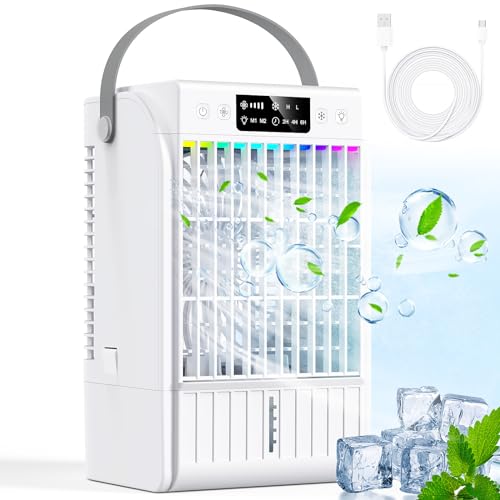Mobile Klimaanlage 4-in-1 Design, 1700ml Wassertank, 4 Windmodi, 2 Nebelfunktionen, 7 Farb-LED, USB-C, 1-6 Stunden Timer. Geeignet für Schlafzimmer, Büro und Küche
