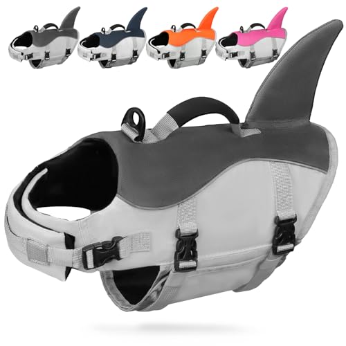 AMZNOVA Hai Schwimmweste Hund Hundeschwimmweste Hund Rettungsweste Schwimmwesten Schwimmhilfe für Schwimmhilfe Hai Auftrieb Flosse XS Grau