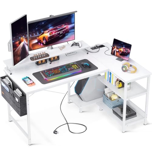 ODK L-förmiger Schreibtisch, Eckschreibtisch Weiß mit USB-Ladeanschluss&Steckdose, Gaming Tisch L Form mit Regal Reversibel, L-förmiger Computertisch mit Monitorständer für Büro