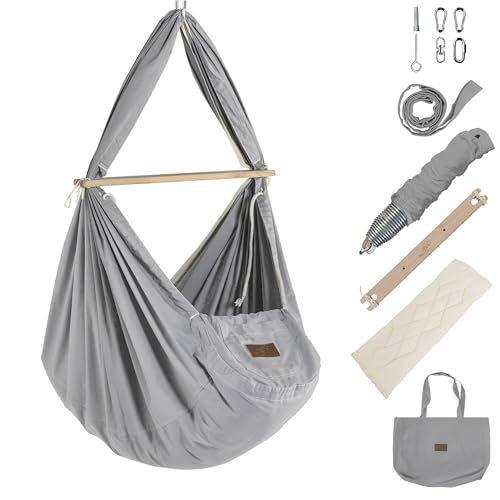 SCHMUSEWOLKE Federwiege Komplett-Set - Hängematte für Babys und Kleinkinder ab Geburt bis 3 Jahre - Bio-Baumwolle - Grey - Mit Kunstfasermatratze